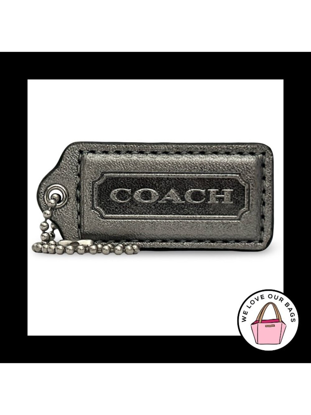 COACH HANG TAG 2.25" Silver Metallic Leather Bag Charm Keychain Fob Nickel Large